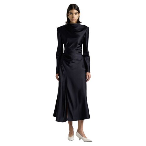 Cue Dark Ink Matte Satin Viscose Gathered Midi Dress